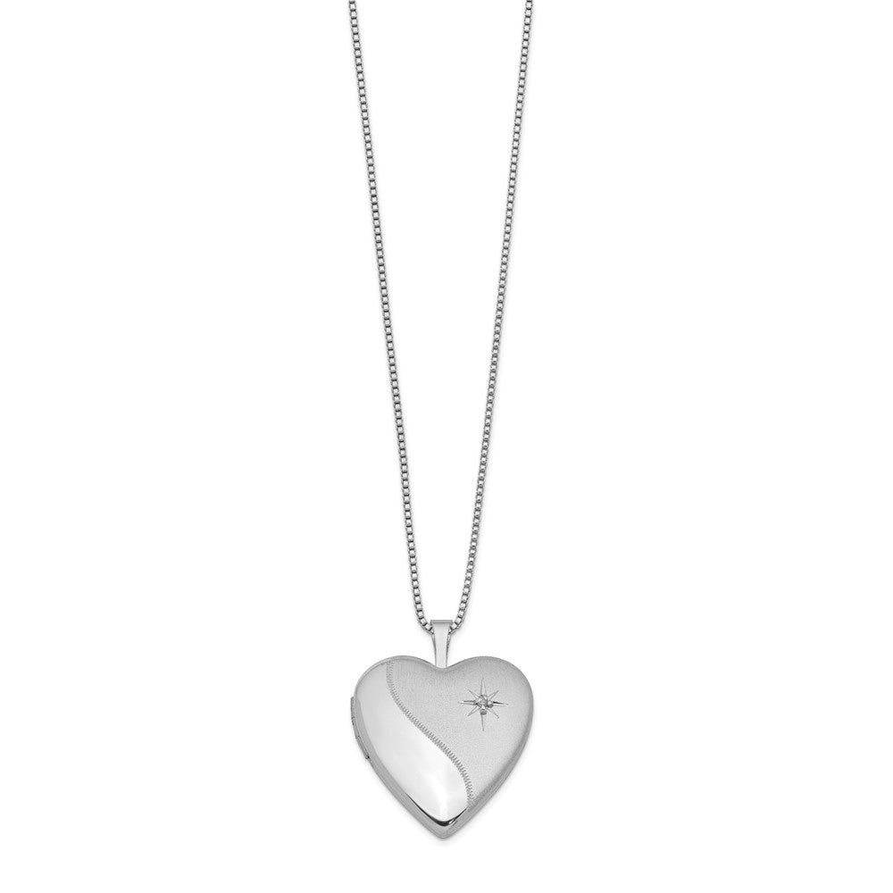 Sterling Silver Rhodium-plated 20mm Satin Diamond Heart Locket Necklace QLS239-18