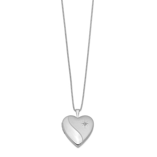 Sterling Silver Rhodium-plated 20mm Satin Diamond Heart Locket Necklace QLS239-18
