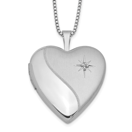 Sterling Silver Rhodium-plated 20mm Satin Diamond Heart Locket Necklace QLS239-18