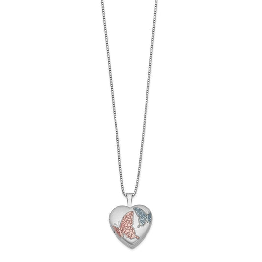 Sterling Silver RH-plated 16mm Satin Enamel Butterfly Heart Locket Necklace QLS256-18