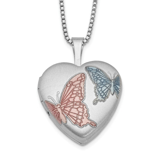 Sterling Silver RH-plated 16mm Satin Enamel Butterfly Heart Locket Necklace QLS256-18