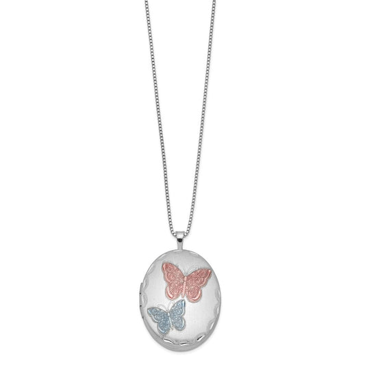 Sterling Silver RH-plated 26mm Enameled Butterfly Oval Locket Necklace QLS262-18