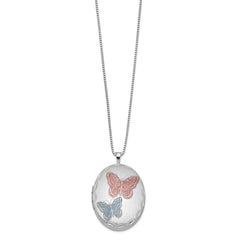Sterling Silver RH-plated 26mm Enameled Butterfly Oval Locket Necklace QLS262-18