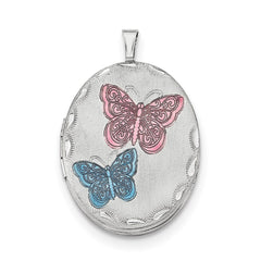 Sterling Silver RH-plated 26mm Enameled Butterfly Oval Locket Necklace QLS262-18