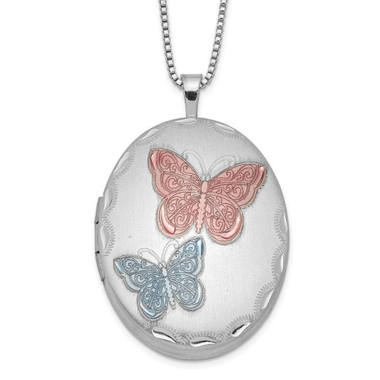 Sterling Silver RH-plated 26mm Enameled Butterfly Oval Locket Necklace QLS262-18