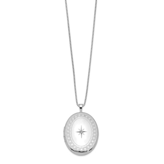 Sterling Silver Rhod-plated 26mm Circle Border Diamond Oval Locket Necklace QLS263-18