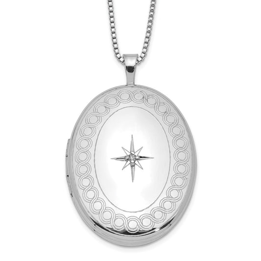 Sterling Silver Rhod-plated 26mm Circle Border Diamond Oval Locket Necklace QLS263-18