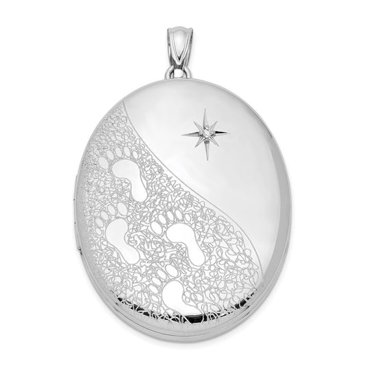 Sterling Silver Rhodium-plated & Diamond Footprints 34mm Oval Locket QLS569