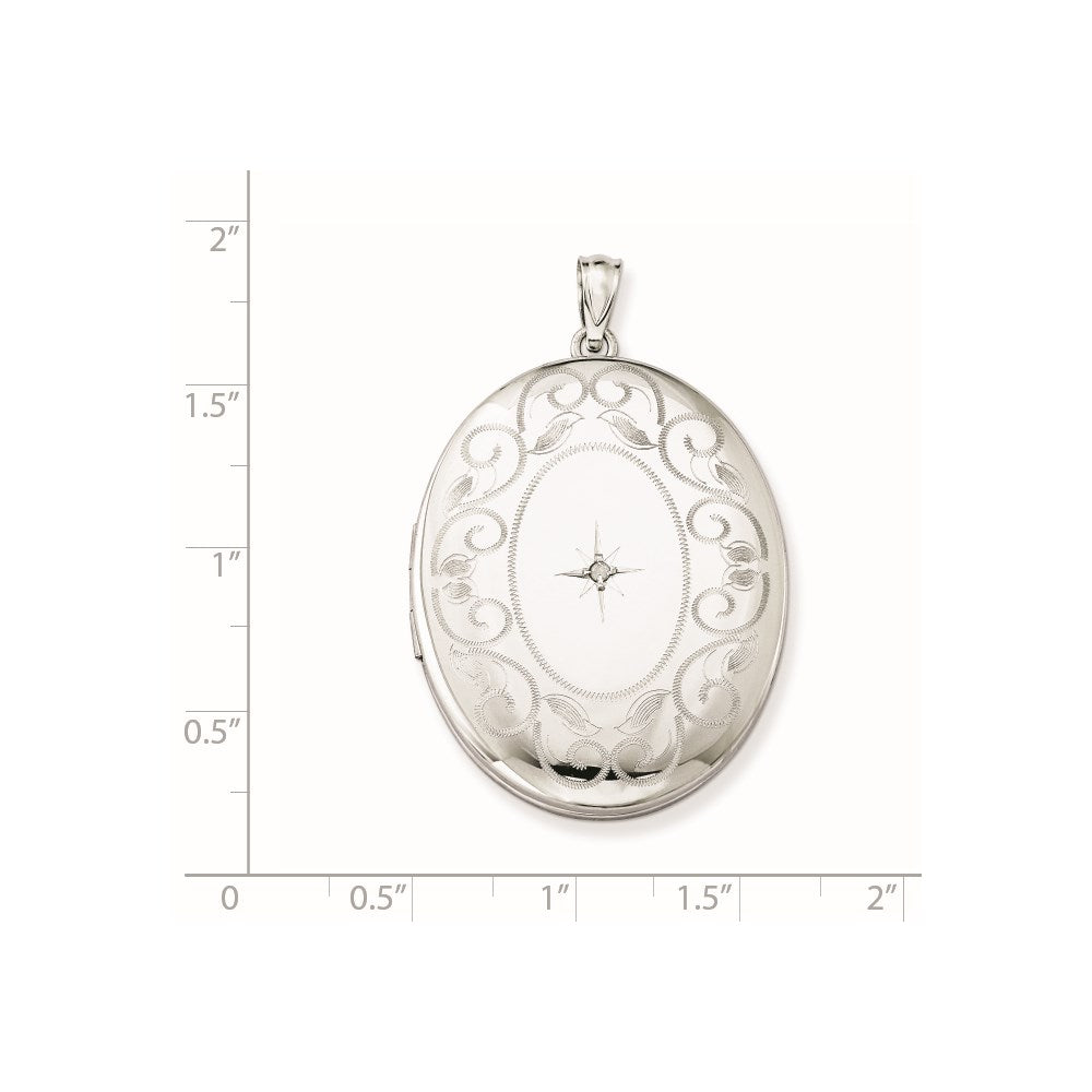 Sterling Silver Rhodium-plated & Diamond w/ Swirl Border 34mm Oval Locket QLS579