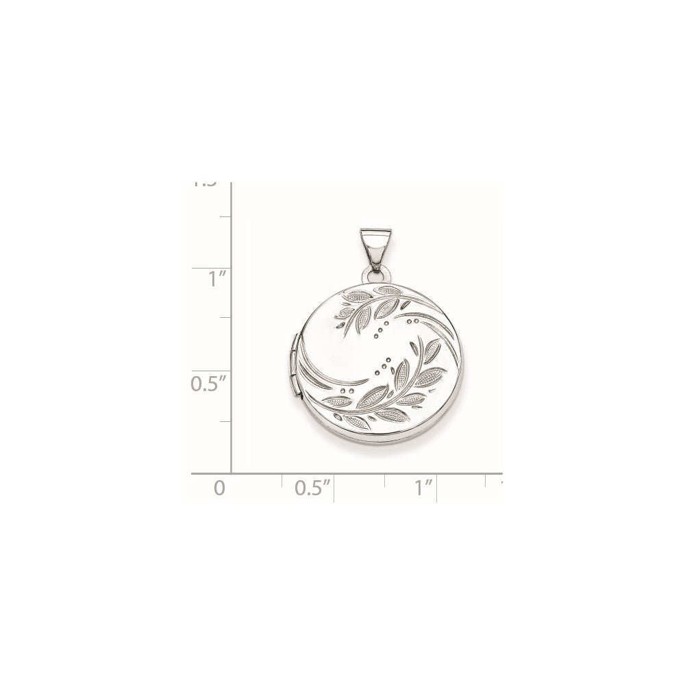 Sterling Silver Rhodium-plated 20mm Round Leaf Floral Locket QLS613