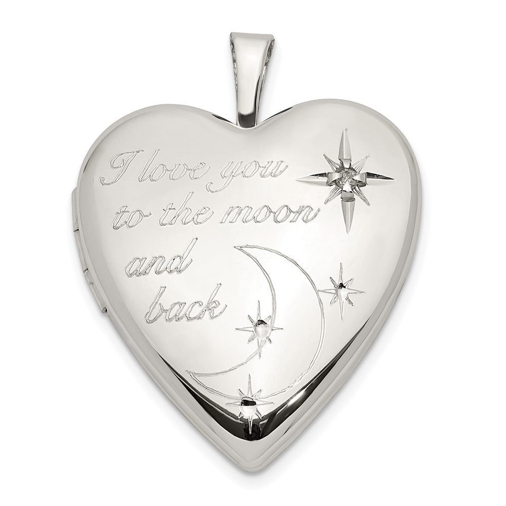 Sterling Silver Rhod-pltd 20mm LOVE TO THE MOON Diamond Heart Locket QLS820