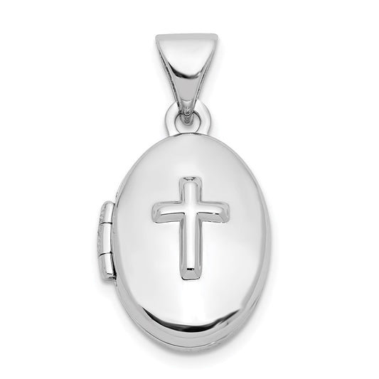 Sterling Silver Rhodium-plated Cross 16mm Oval Locket QLS886