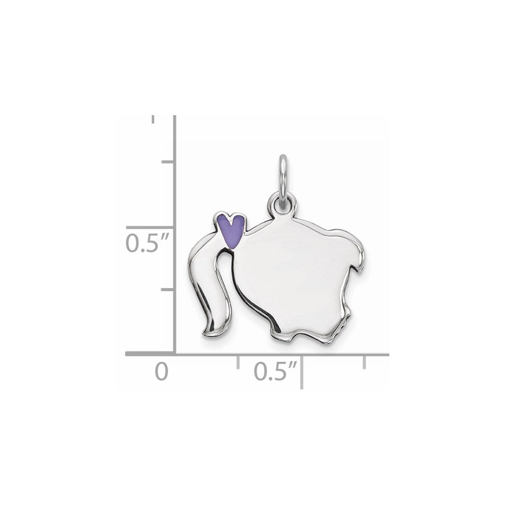 Sterling Silver Rhod-plate Purple Enamel Right Facing Girl Head Disc Charm QM530