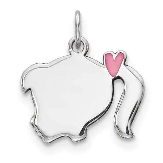 Sterling Silver Rhod-plate Pink Enamel Left Facing Girl Head Disc Charm QM537