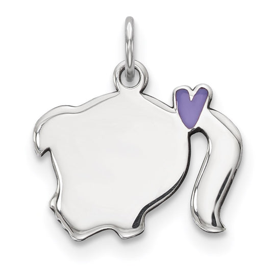 Sterling Silver Rhod-plate Purple Enamel Left Facing Girl Head Disc Charm QM538