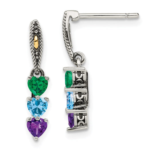 QME16_3--6 Sterling Silver Antiqued w/14k 3-stone Mother's Earring