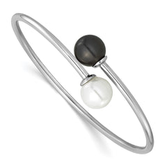 Sterling Silver Rh-plat 10-11mm Wht Blk Imitat Shell Pearl Bangle Bracelet QMJB133WB
