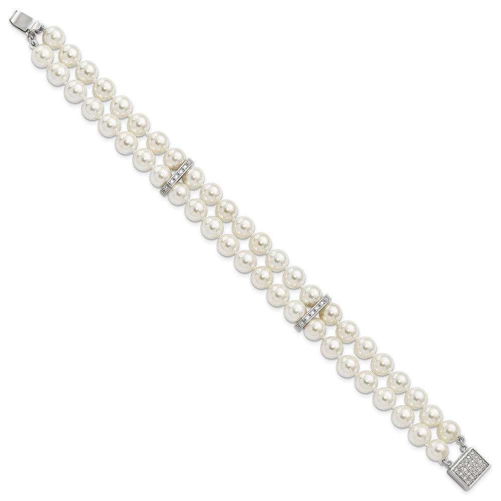 Majestik Sterling Silver Rhodium-plated 7-8mm White Imitation Shell Pearl and CZ Hand-knotted Bracelet QMJB270W-7.5