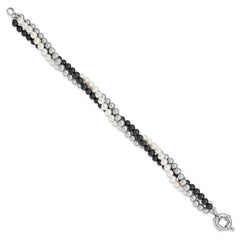 Majestik Sterling Silver Rhodium-plated 3 Row 4-5mm White Grey Black Imitation Shell Pearl Hand-knotted Bracelet QMJB340WGB-7.5