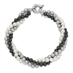 Majestik Sterling Silver Rhodium-plated 3 Row 4-5mm White Grey Black Imitation Shell Pearl Hand-knotted Bracelet QMJB340WGB-7.5