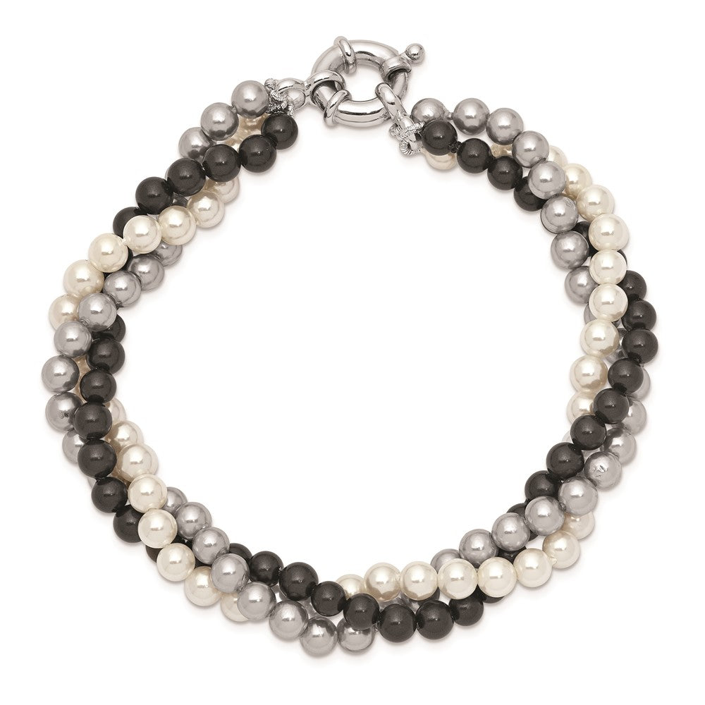 Majestik Sterling Silver Rhodium-plated 3 Row 4-5mm White Grey Black Imitation Shell Pearl Hand-knotted Bracelet QMJB340WGB-7.5