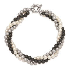 Majestik Sterling Silver Rhodium-plated 3 Row 4-5mm White Grey Black Imitation Shell Pearl Hand-knotted Bracelet QMJB340WGB-7.5