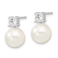 QMJE105W Majestik Sterling Silver Rhodium-plated 10-11mm White Imitation Shell Pearl and CZ Post Earrings