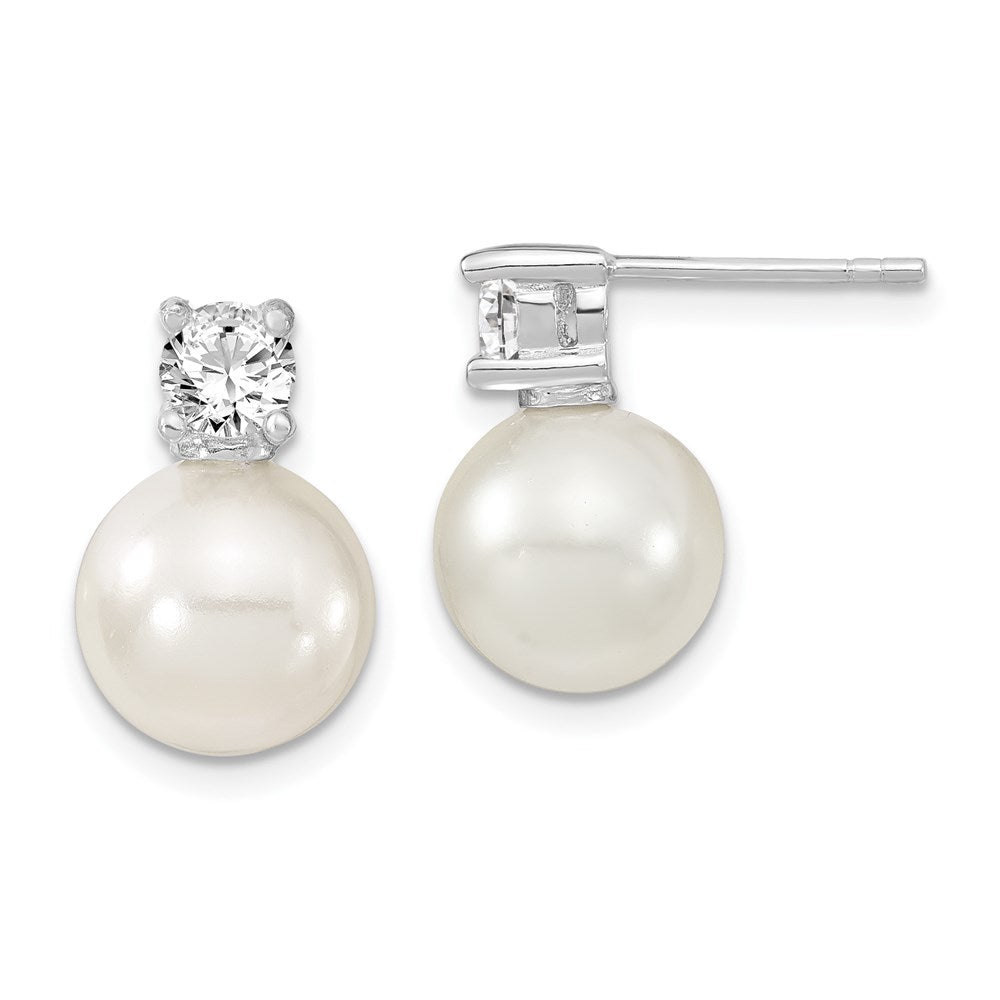 QMJE105W Majestik Sterling Silver Rhodium-plated 10-11mm White Imitation Shell Pearl and CZ Post Earrings