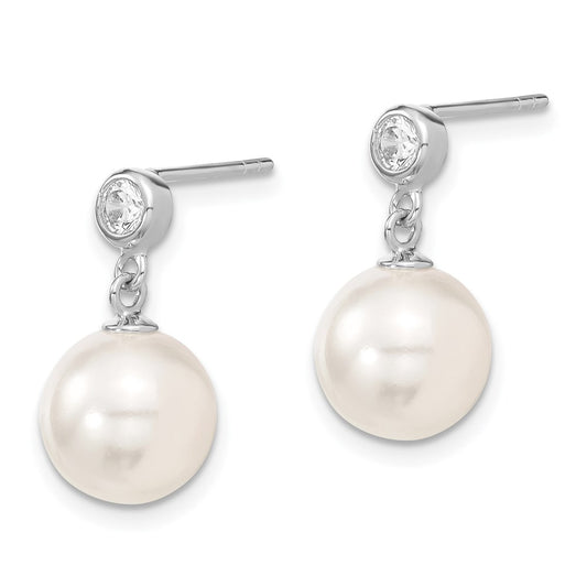 QMJE108W Majestik Sterling Silver Rhodium-plated 10-11mm White Imitation Shell Pearl and CZ Dangle Earrings