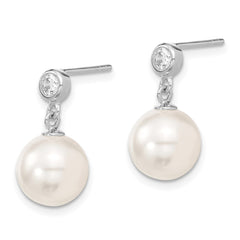 QMJE108W Majestik Sterling Silver Rhodium-plated 10-11mm White Imitation Shell Pearl and CZ Dangle Earrings