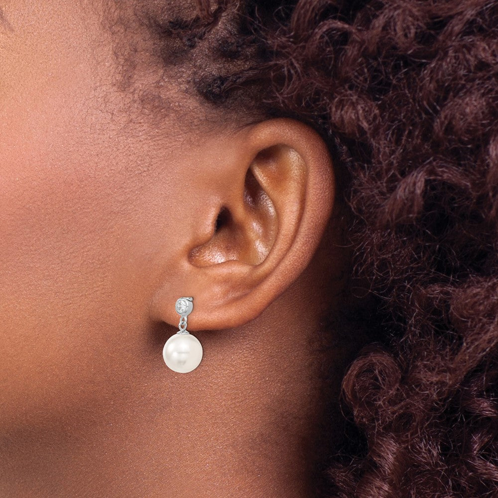 QMJE108W Majestik Sterling Silver Rhodium-plated 10-11mm White Imitation Shell Pearl and CZ Dangle Earrings