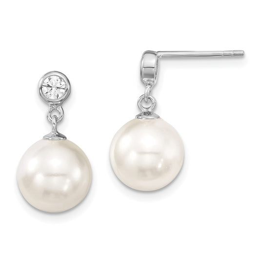 QMJE108W Majestik Sterling Silver Rhodium-plated 10-11mm White Imitation Shell Pearl and CZ Dangle Earrings