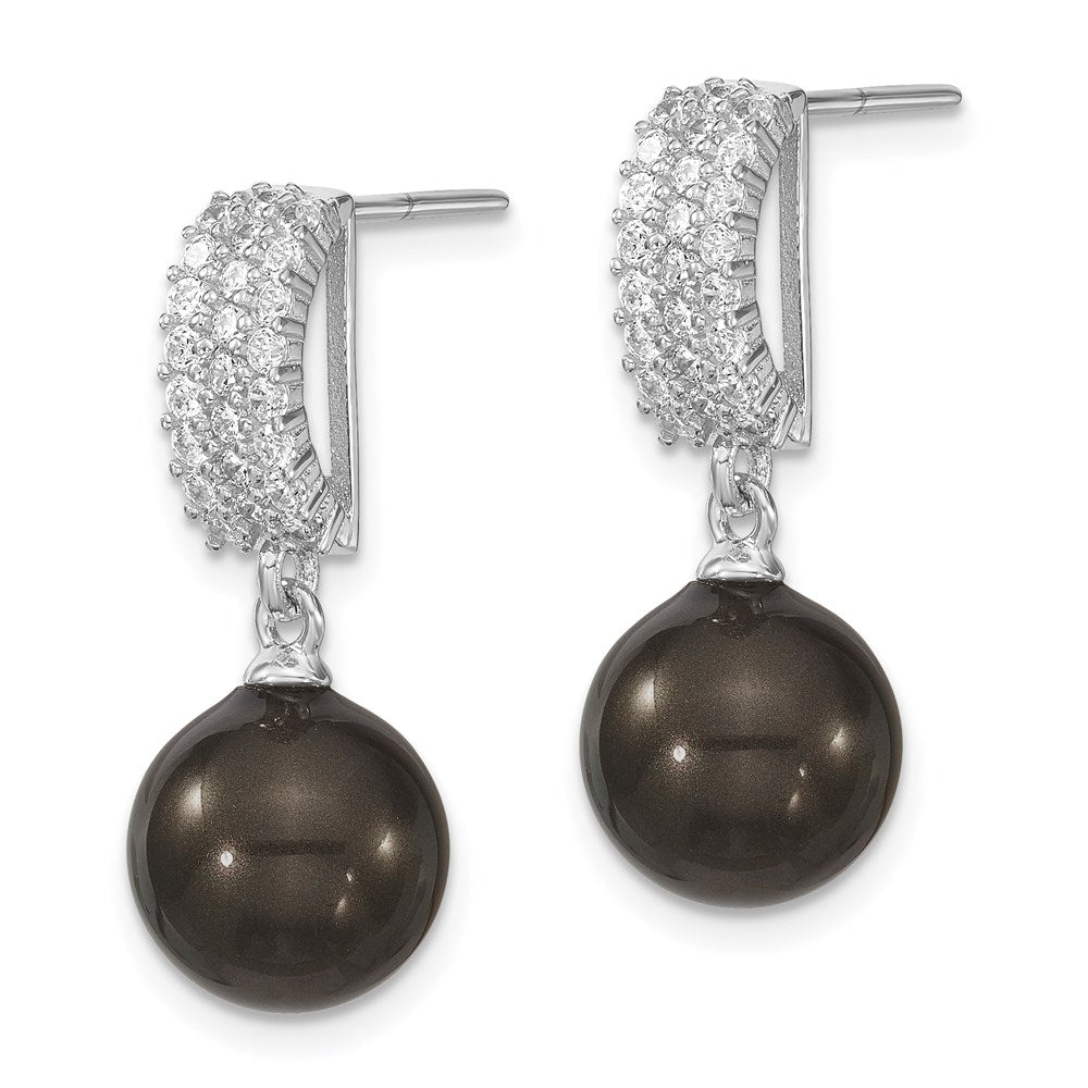 QMJE109B Majestik Sterling Silver Rhodium-plated 10-11mm Black Imitation Shell Pearl and CZ Post Dangle Earrings