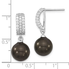 QMJE109B Majestik Sterling Silver Rhodium-plated 10-11mm Black Imitation Shell Pearl and CZ Post Dangle Earrings
