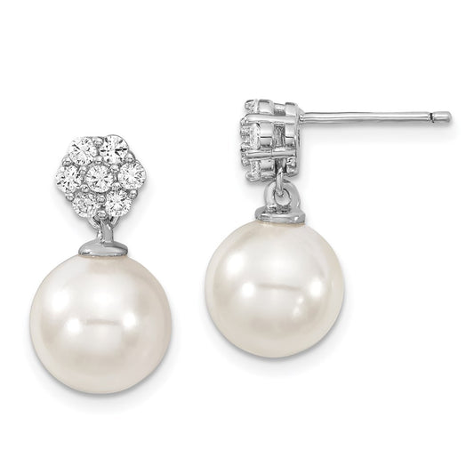 QMJE112W Majestik Sterling Silver Rhodium-plated 10-11mm White Imitation Shell Pearl CZ Post Dangle Earrings