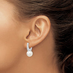 QMJE115W Majestik Sterling Silver Rhodium-plated 10-11mm White Imitation Shell Pearl CZ Hinged Post Dangle Earrings