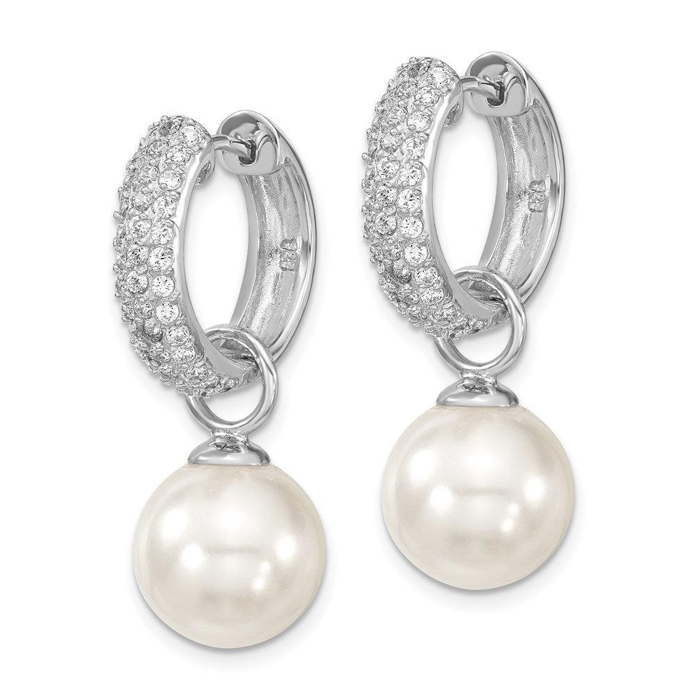 QMJE121BW Majestik Sterling Silver Rhodium-plated CZ 12-13mm Black and White Interchangeable Shell Pearl Hinged Hoop Earrings