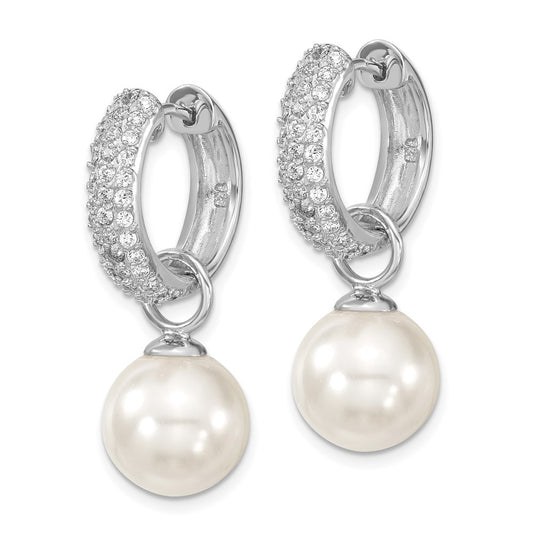 QMJE121BW Majestik Sterling Silver Rhodium-plated CZ 12-13mm Black and White Interchangeable Shell Pearl Hinged Hoop Earrings