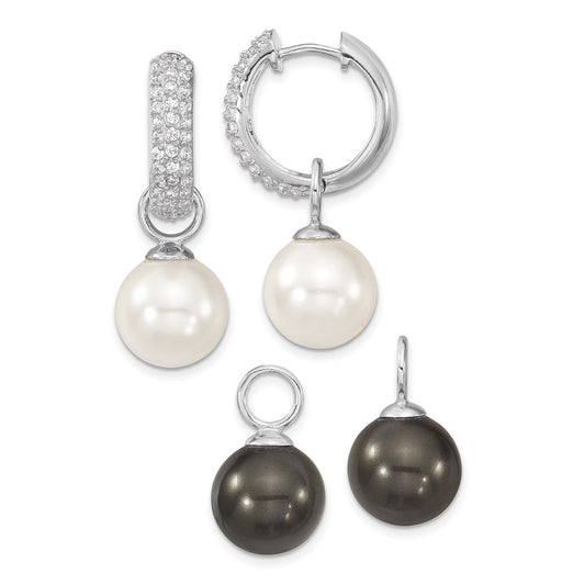 QMJE121BW Majestik Sterling Silver Rhodium-plated CZ 12-13mm Black and White Interchangeable Shell Pearl Hinged Hoop Earrings