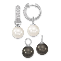 QMJE121BW Majestik Sterling Silver Rhodium-plated CZ 12-13mm Black and White Interchangeable Shell Pearl Hinged Hoop Earrings