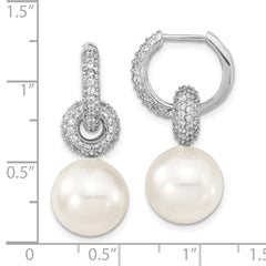 QMJE122W Majestik Sterling Silver Rhodium-plated 12-13mm White Imitation Shell Pearl Dangle Endless CZ Hoop Earrings