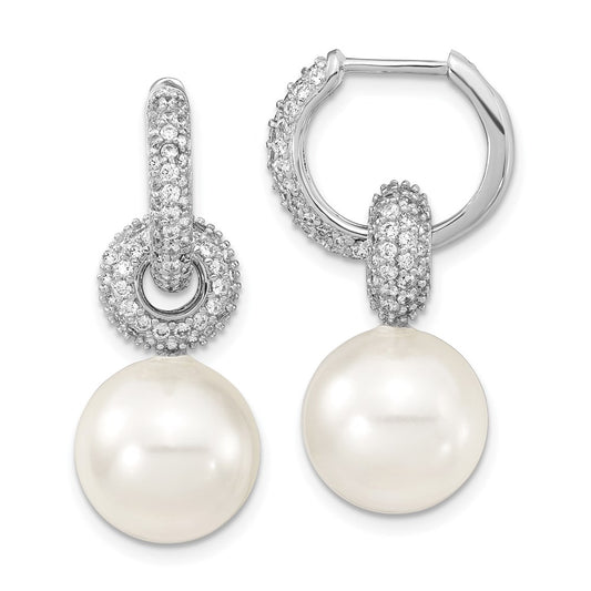 QMJE122W Majestik Sterling Silver Rhodium-plated 12-13mm White Imitation Shell Pearl Dangle Endless CZ Hoop Earrings