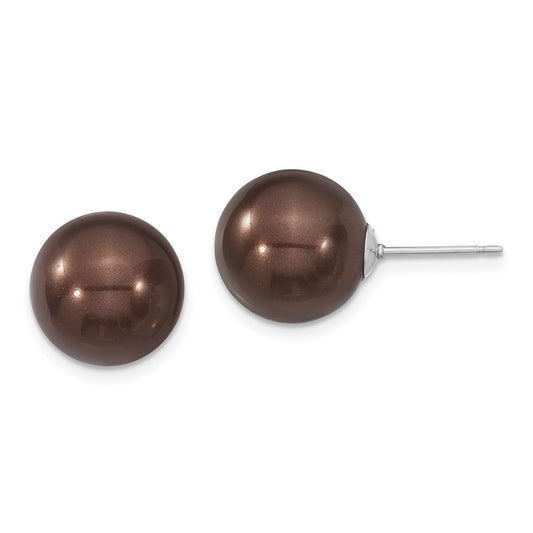 QMJE12C Majestik Sterling Silver Rhodium-plated 12-13mm Brown Imitation Shell Pearl Stud Earrings