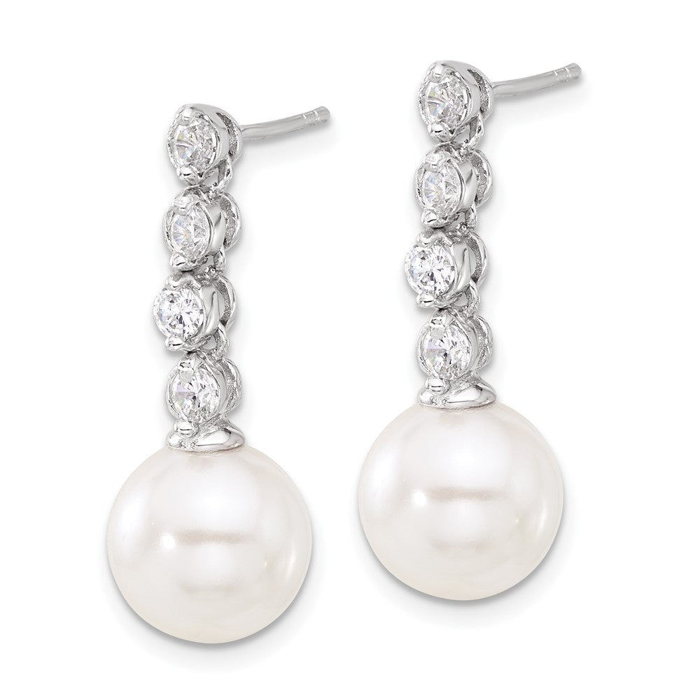 QMJE143W Sterling S Majestik RH-pl 10-11mm Wht Imit Shell Pearl/CZ Dangle Earrings