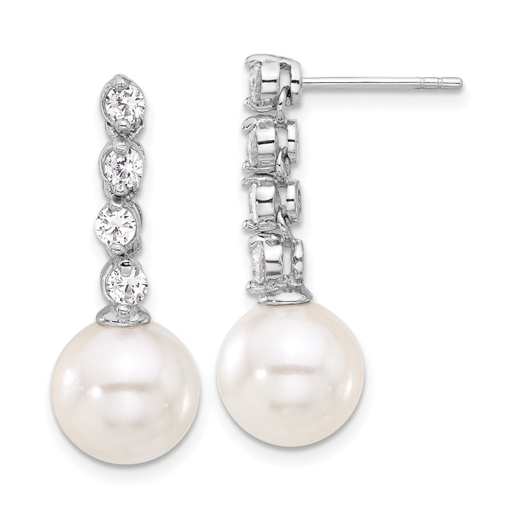 QMJE143W Sterling S Majestik RH-pl 10-11mm Wht Imit Shell Pearl/CZ Dangle Earrings