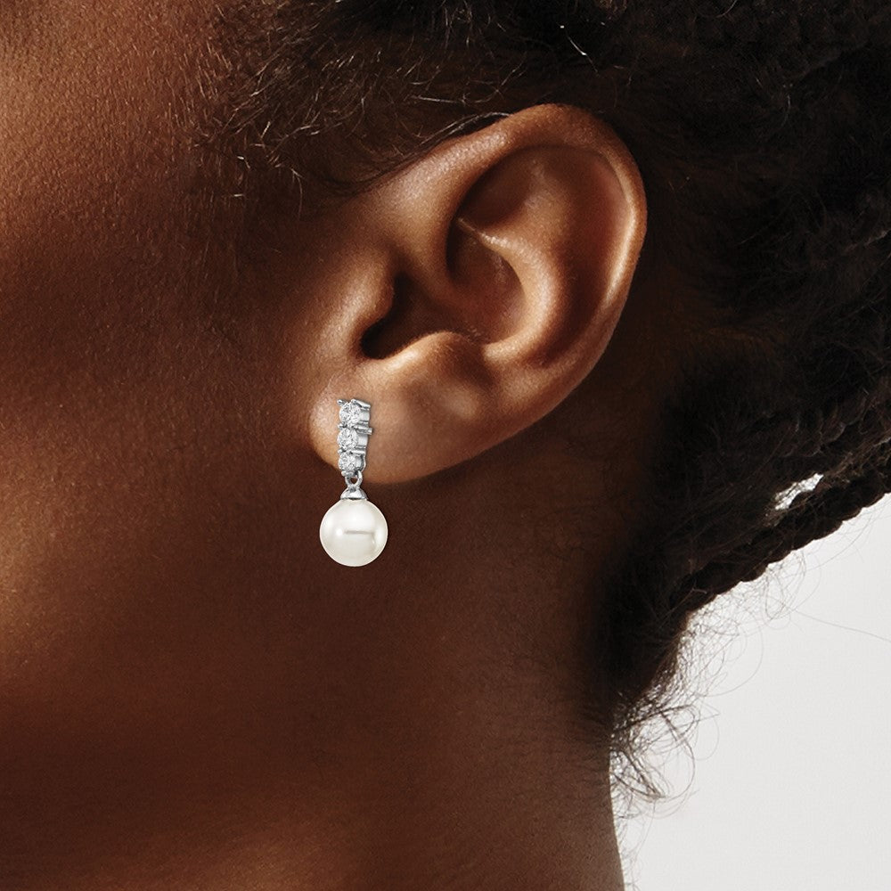 QMJE804W Majestik Sterling Silver Rhodium-plated 8-9mm Imitation Shell Pearl CZ Dangle Earrings