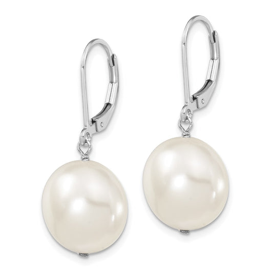QMJEC14W Majestik Sterling Silver Rhodium-plated 14-15mm Coin White Imitation Shell Pearl Leverback Dangle Earrings