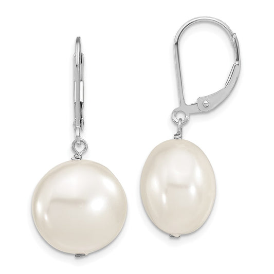 QMJEC14W Majestik Sterling Silver Rhodium-plated 14-15mm Coin White Imitation Shell Pearl Leverback Dangle Earrings