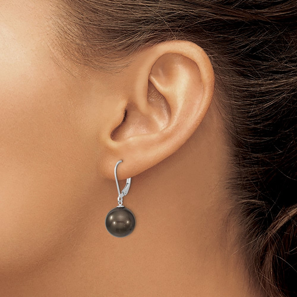 QMJEL12B Majestik Sterling Silver Rhodium-plated 12-13mm Black Imitation Shell Pearl Leverback Dangle Earrings