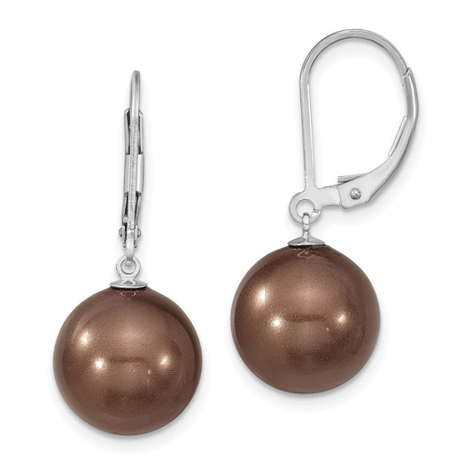 QMJEL12C Majestik Sterling Silver Rhodium-plated 12-13mm Brown Imitation Shell Pearl Leverback Dangle Earrings
